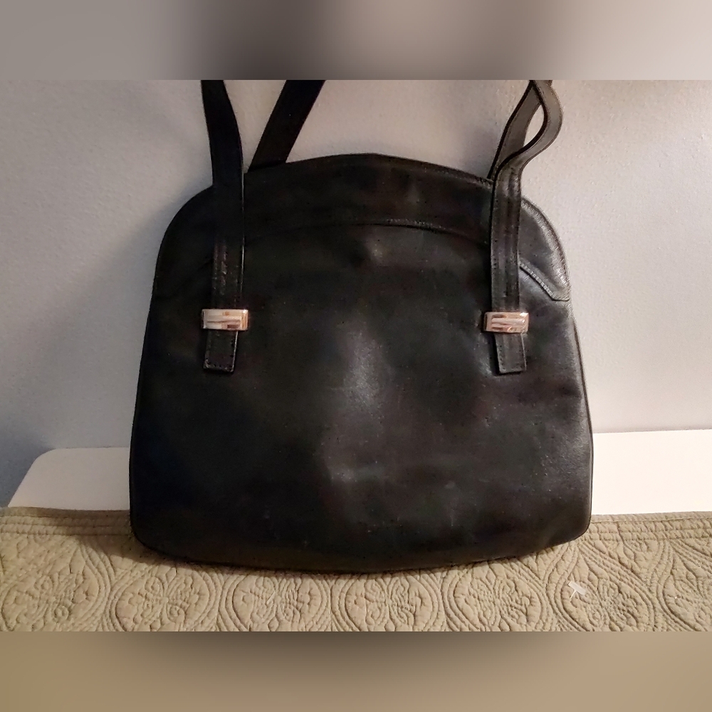 Vintage smooth black leather satchel made in Italy.